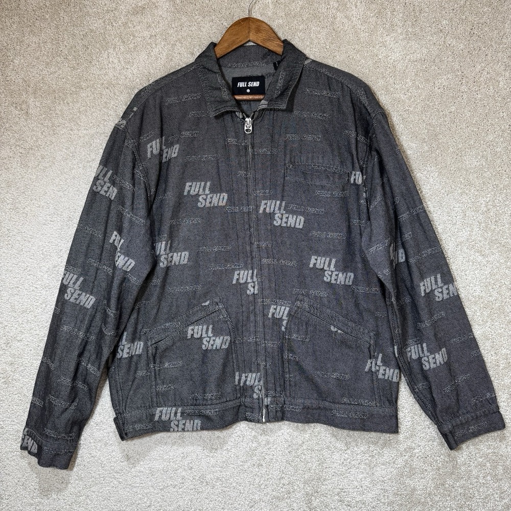 Full Send Logo Workwear Jacket Zip Front Gray Denim Streetwear Cotton Size Large